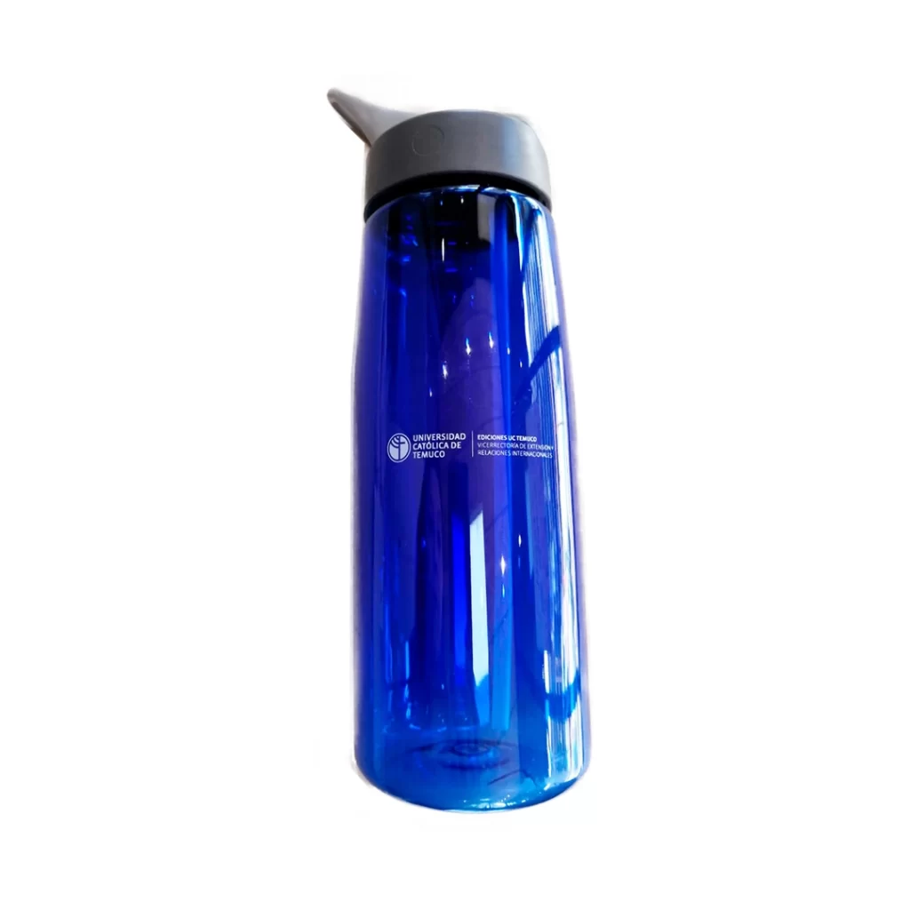 botella plástica azul con logo uct impreso en blanco