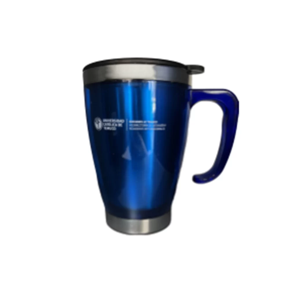 mug térmico de color azul, logo uct impreso en blanco